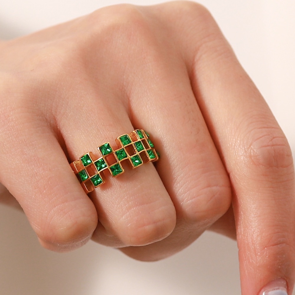 18K Gold-Plated Stainless Steel Emerald Green Gem Ring